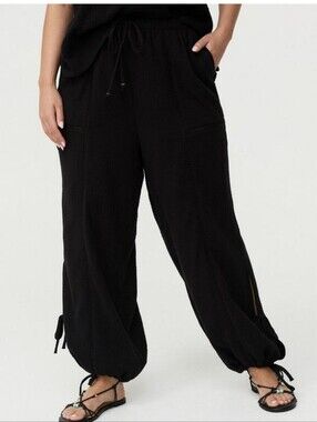 🆕️ 2X BLACK PULL-ON HIGH RISE RELAXED JOGGERS WITH ANKLE TIES & CROCHET DETAILS